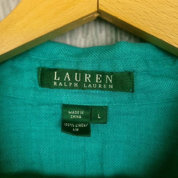 Ralph Lauren Teal Long Sleeve Linen Button Down Shirt Size Large - Picture 6 of 9
